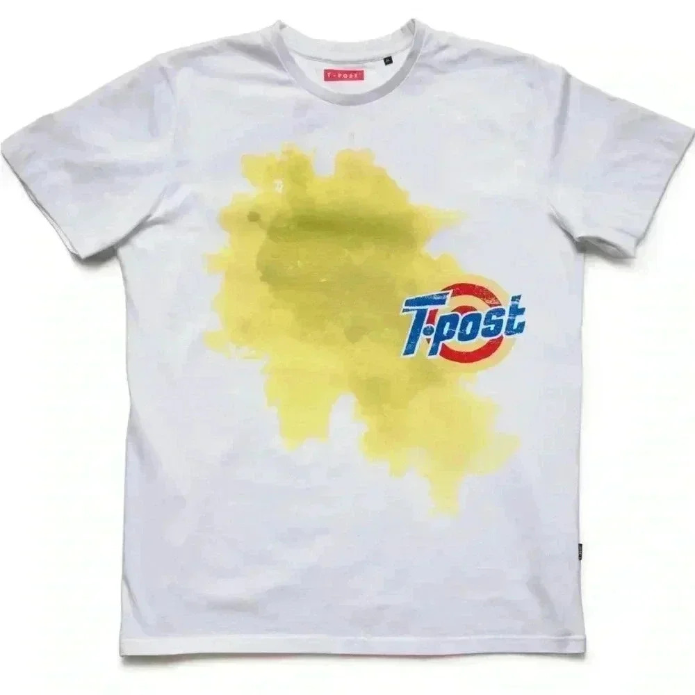 T-Post Indie Streetwear White Yellow Graphic Logo Short Sleeve Shirt